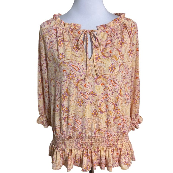 Anthropologie Tops - Anthropologie Paisley Ruffle Blouse Cream and Orange